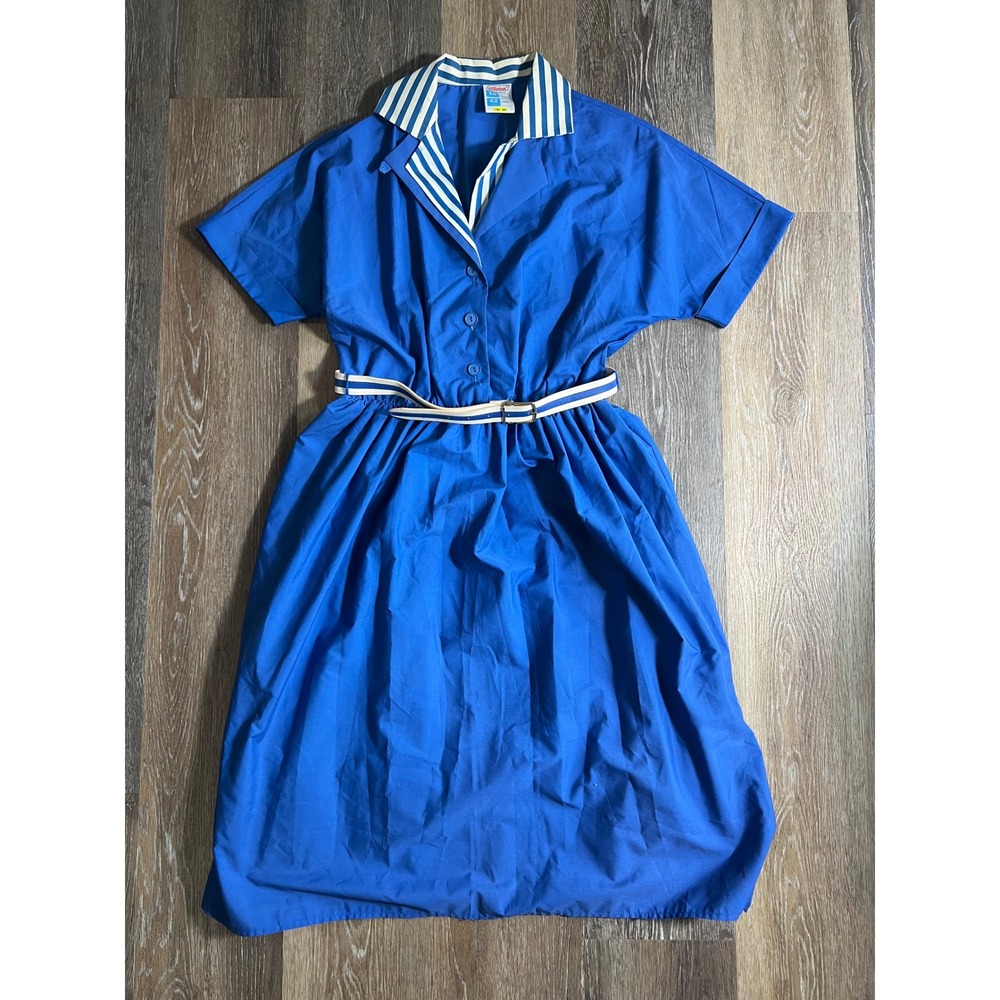 Vintage St‎ Michael Blue Shirt Dress Striped Collar Belted Midi UK 14 42